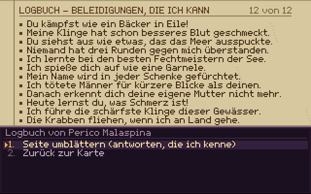 Das Logbuch mit der Liste der gelernten Beleidigungen