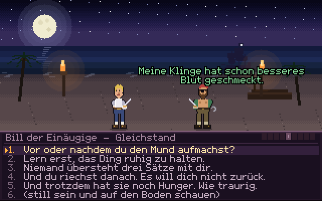 Beleidigungsduell: zwei Piraten am Strand und ein Menü mit sechs Beleidigungen zur Auswahl