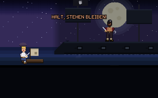 Das Intro: das Ruderboot des Helden neben einem schwarzen Piratenschiff unter dem Mond