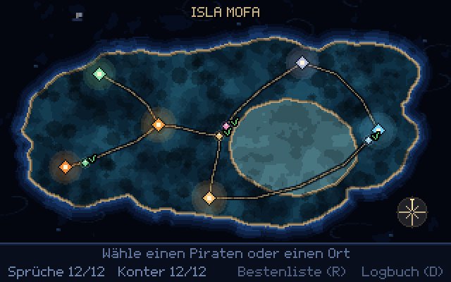 Nächtliche Übersichtskarte von Isla Mofa mit Pfaden und farbigen Punkten