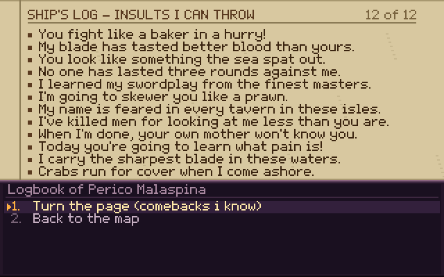 The ship's log with the list of insults learned