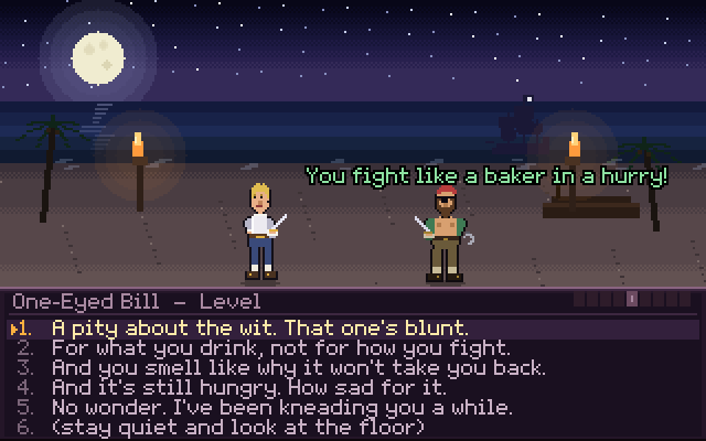 Insult duel: two pirates on the beach and a menu with six insults to choose from
