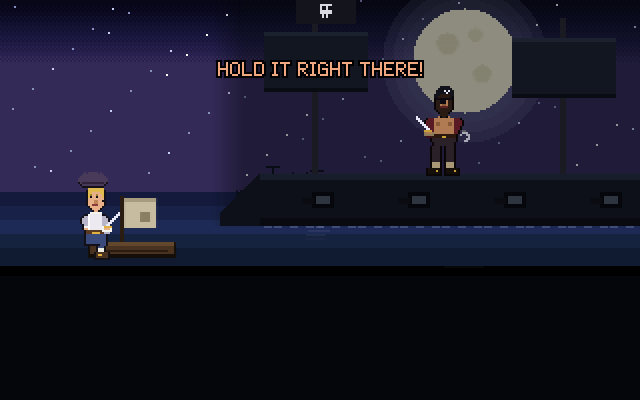 The intro: the hero's rowing boat beside a black pirate ship under the moon