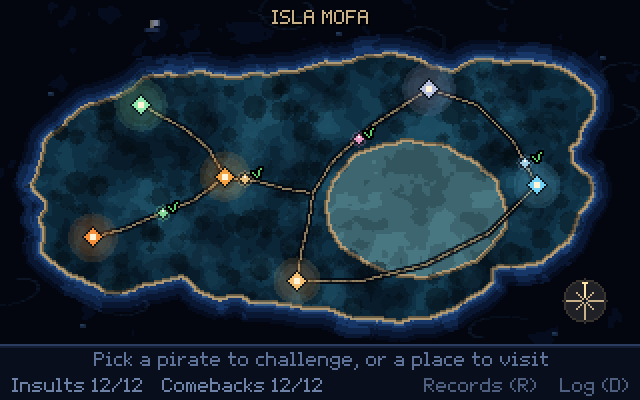 Night-time overhead map of Isla Mofa with paths and coloured dots