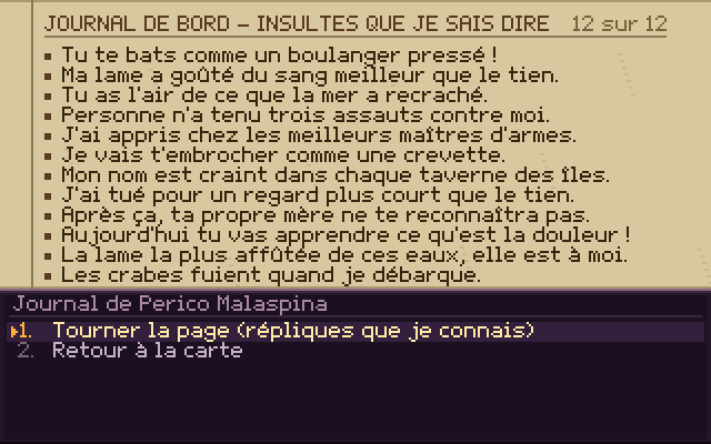Le journal de bord avec la liste des insultes apprises