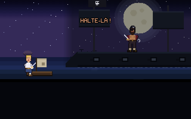 L'intro : la barque du héros à côté d'un navire pirate noir sous la lune