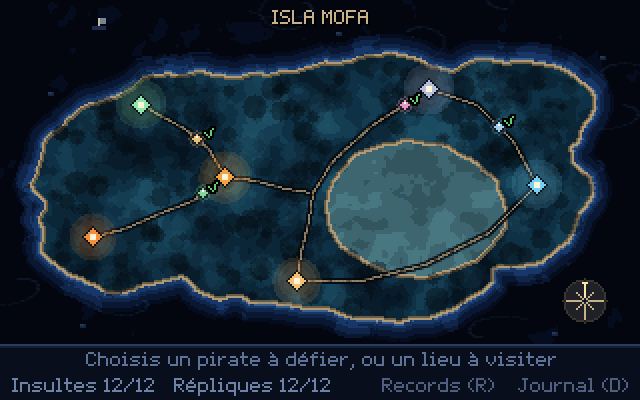 Carte aérienne nocturne d'Isla Mofa avec des sentiers et des points de couleur