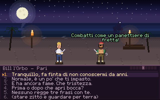 Duello di insulti: due pirati sulla spiaggia e un menu con sei insulti da scegliere